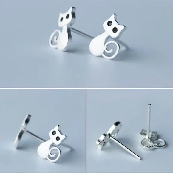 Any 3/$25! Silver Cat w/Black Eyes Stud Earrings - Picture 2 of 7